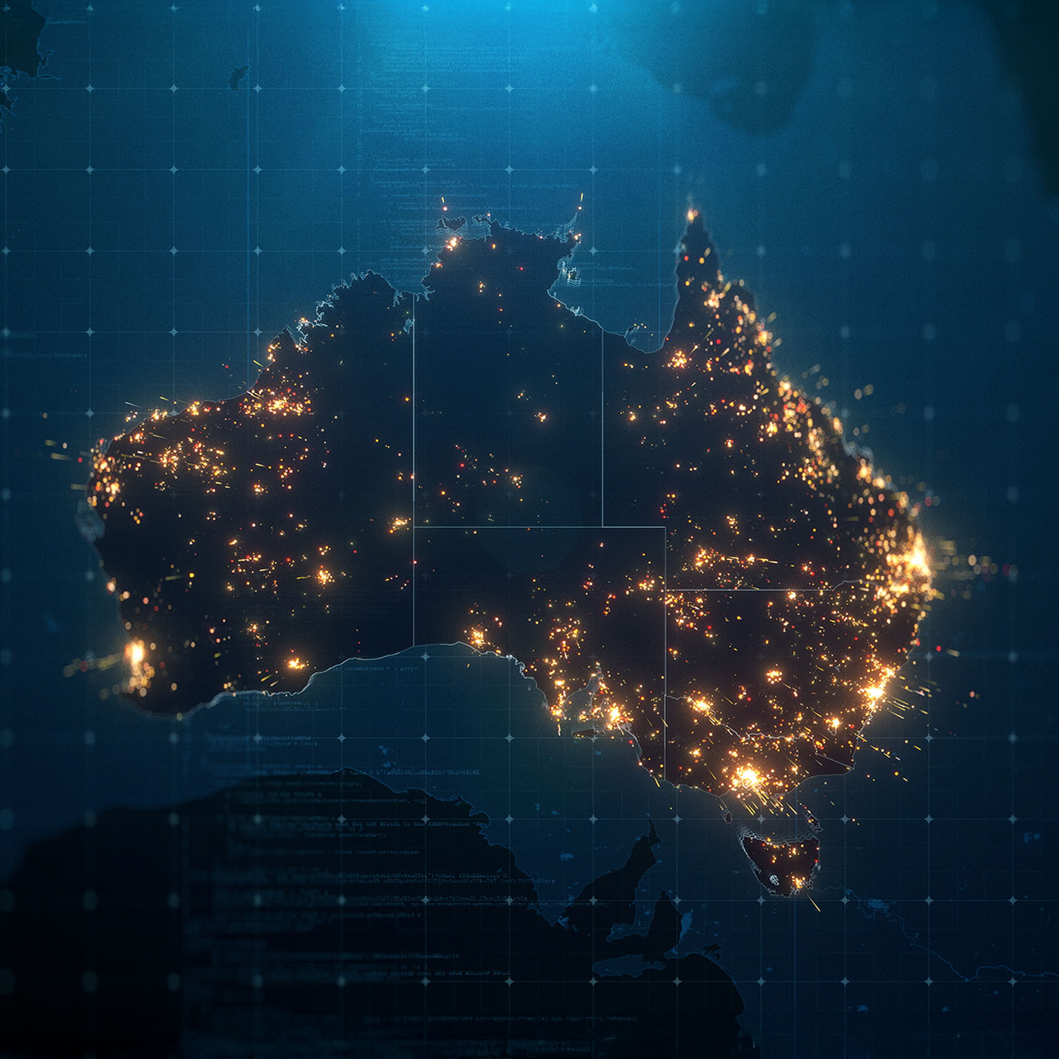 Night Map of Australia with City Lights Illumination