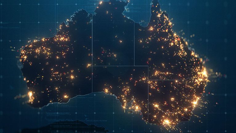 Night Map of Australia with City Lights Illumination