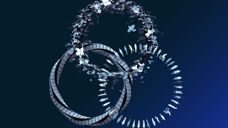 Rendering of three overlapping rings in the image of vegetation and people