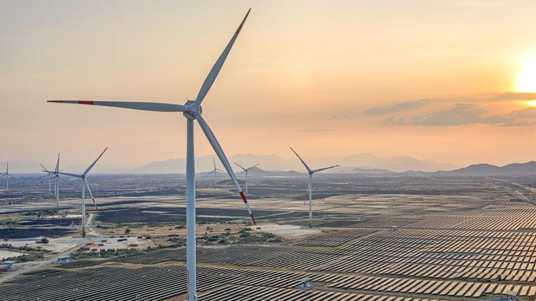 Aerial view of solar panels, photovoltaic arrays generating sustainable electricity.