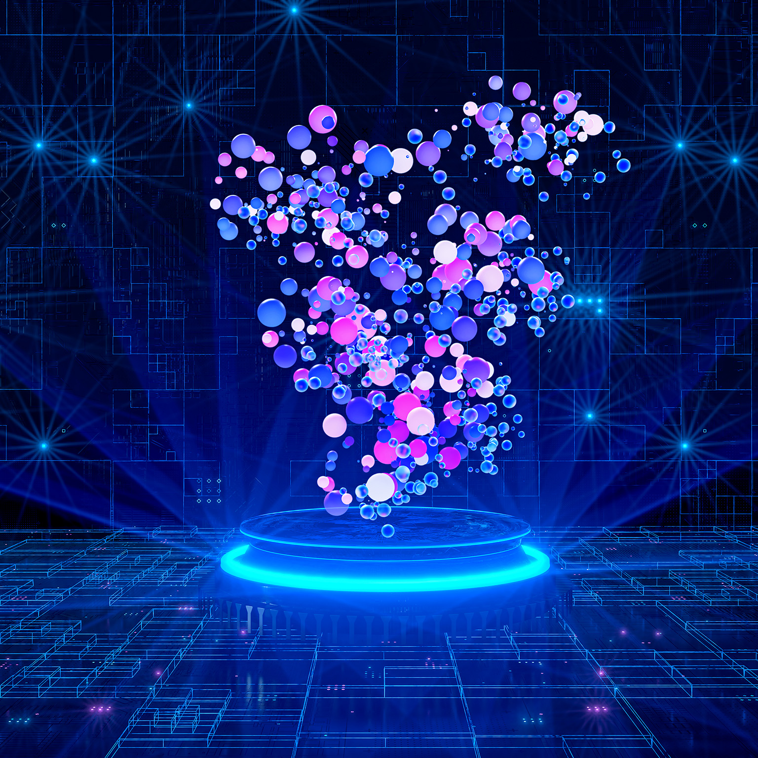A 3D abstract image of a group of colored balls hovering over a digital, brilliantly blue-lit ringed pedestal.