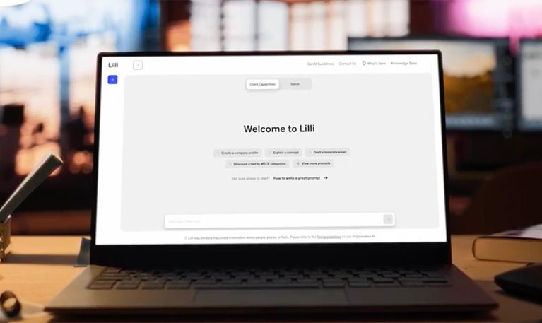 A laptop screen displaying McKinsey's Lilli generative AI platform landing page