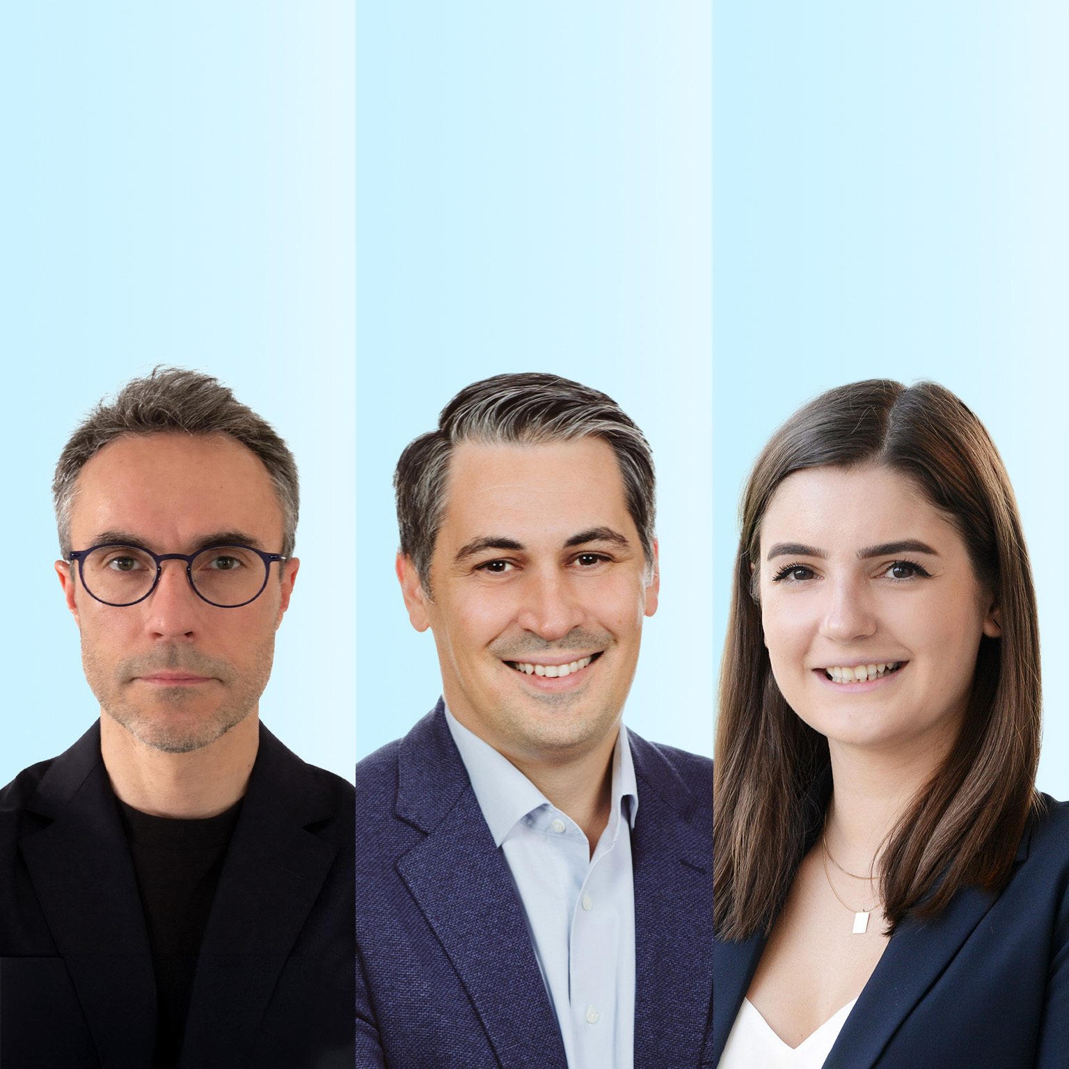  The image features three professional headshots of Ali Ustun, Luca Bennici, and Melanie Krawina placed side by side against a light blue background. 
