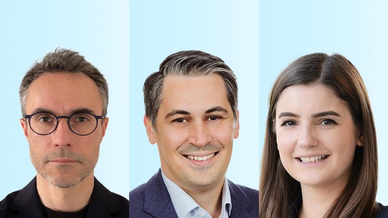 The image features three professional headshots of Ali Ustun, Luca Bennici, and Melanie Krawina placed side by side against a light blue background.