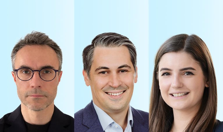The image features three professional headshots of Ali Ustun, Luca Bennici, and Melanie Krawina placed side by side against a light blue background.