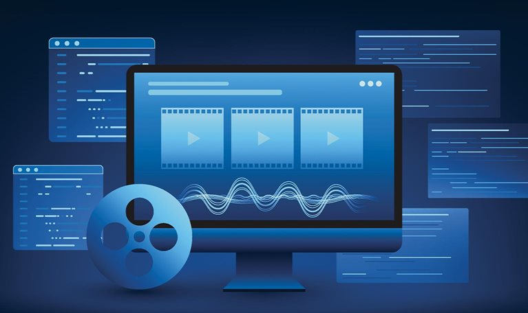 Computer screen showing the workings of AI in generating video, with program code behind it, representing the process of automatically creating videos with Generative AI, processing, and creativity.