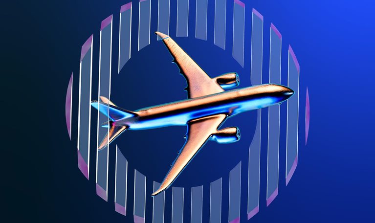 A sliver airplane flies through an abstract circle in the sky