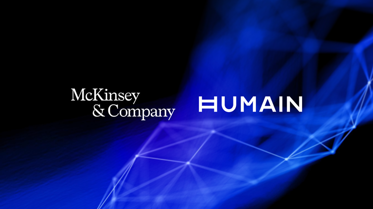 Logos of McKinsey & Company and HUMAIN on top of text "McKinsey announces partnership with HUMAIN to scale AI-driven transformation across Saudi Arabia""