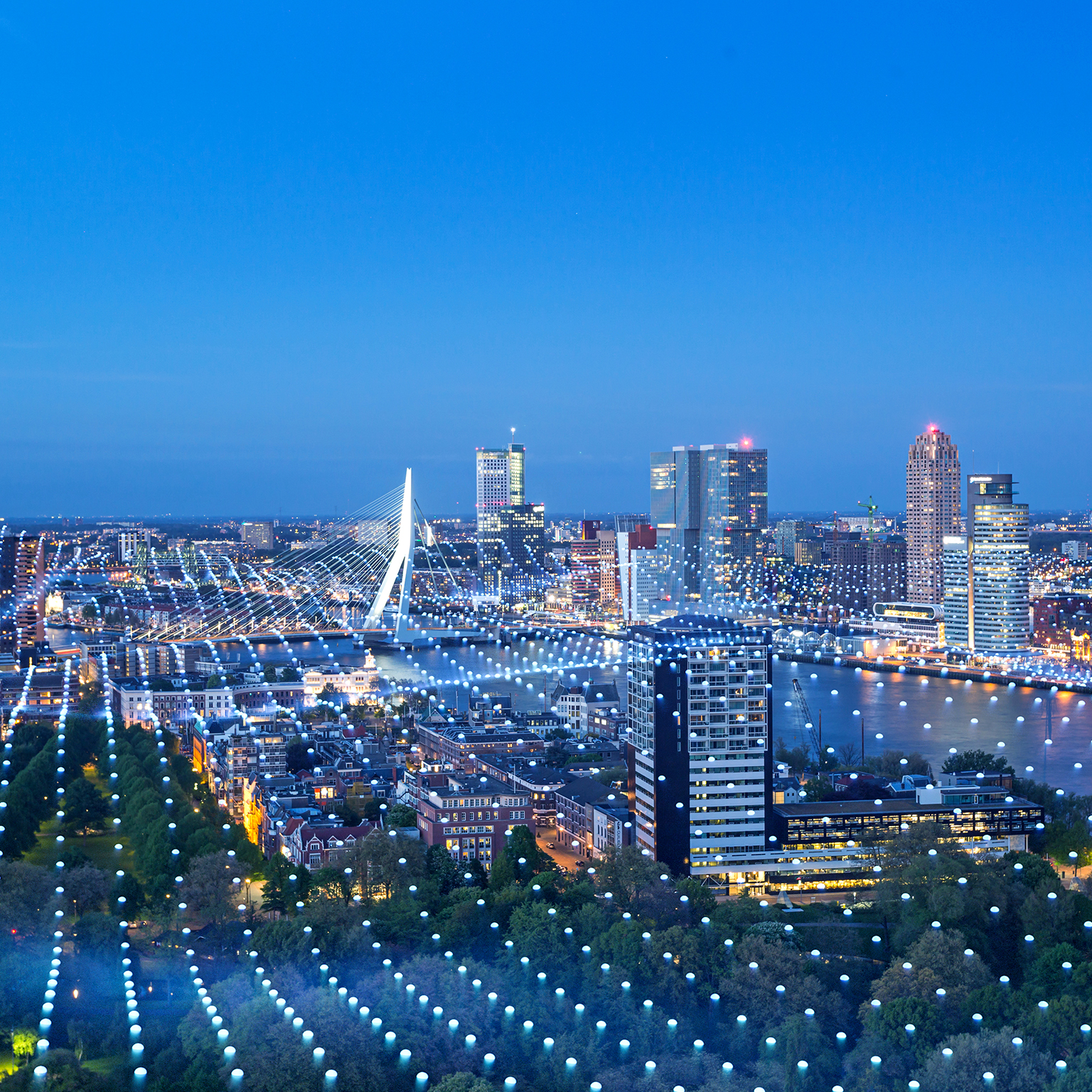 Cityscape with abstract particles covering ground and buildings