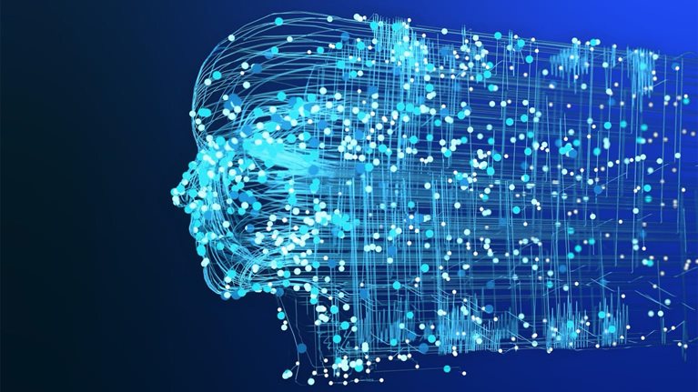 Light dots and lines evolve into a pattern of a human face and continue to stream off the the side in a moving grid pattern.