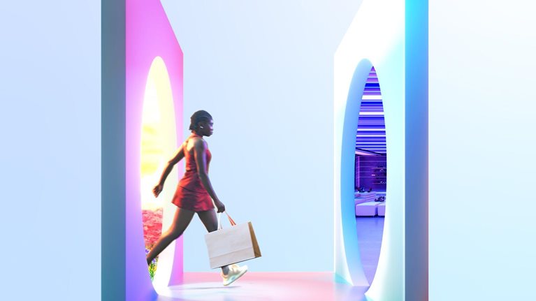 Conceptual image of a person carrying a shopping bag and walking from one circular portal, with a brightly colored outside scene visible inside it, towards another portal, this one containing a neon-lit futuristic store.