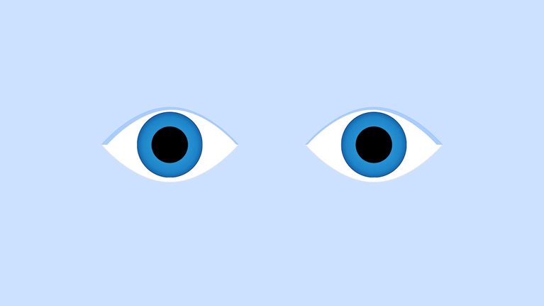 Two minimalist-style eyes on a light blue background. The eyes have white sclera, blue irises, and black pupils, giving them a simple, graphic appearance.
