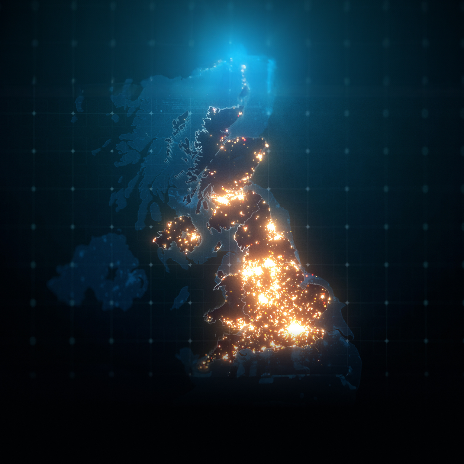 Night map of United Kingdom with city lights illuminated