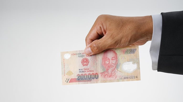 Cropped hand holding Vietnam banknotes on white background. - stock photo
