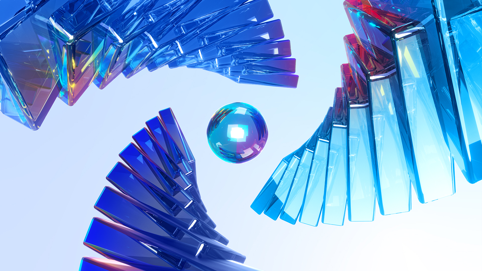 three abstract digital spirals circling together around a sphere