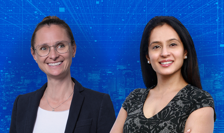 McKinsey partners Sandra Durth and Suman Thareja posed against a blue digital network background
