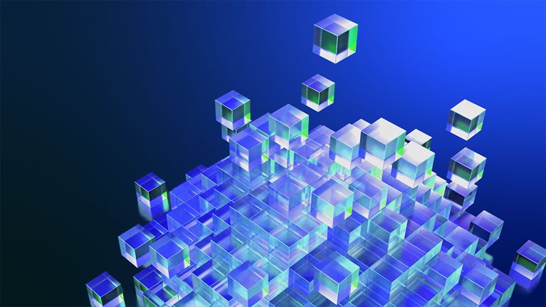 3D illustration of a collapsing pyramid of stacked crystal cubes