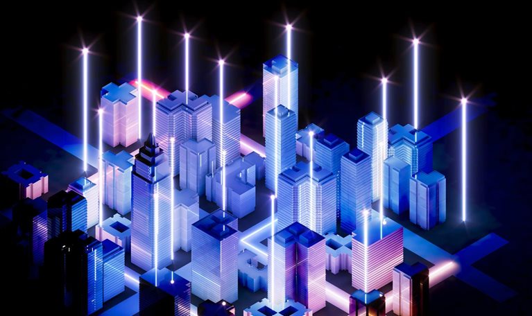 A futuristic, stylized city at night. The buildings glow with blue and pink hues, and beams of light shoot upwards from various structures.