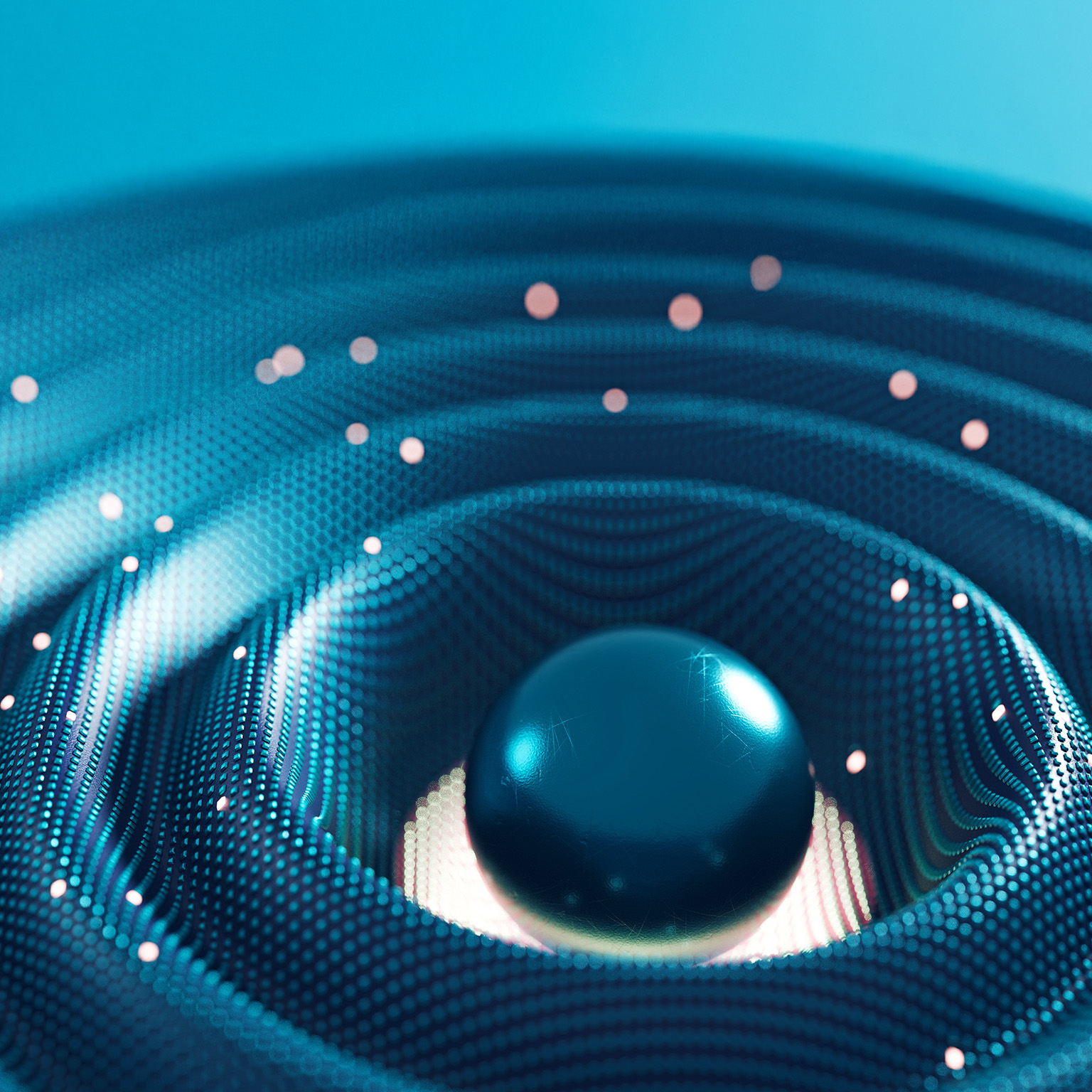  A glossy dark teal sphere resting in the center of rippling, wave-like dotted patterns with small glowing particles floating around it.