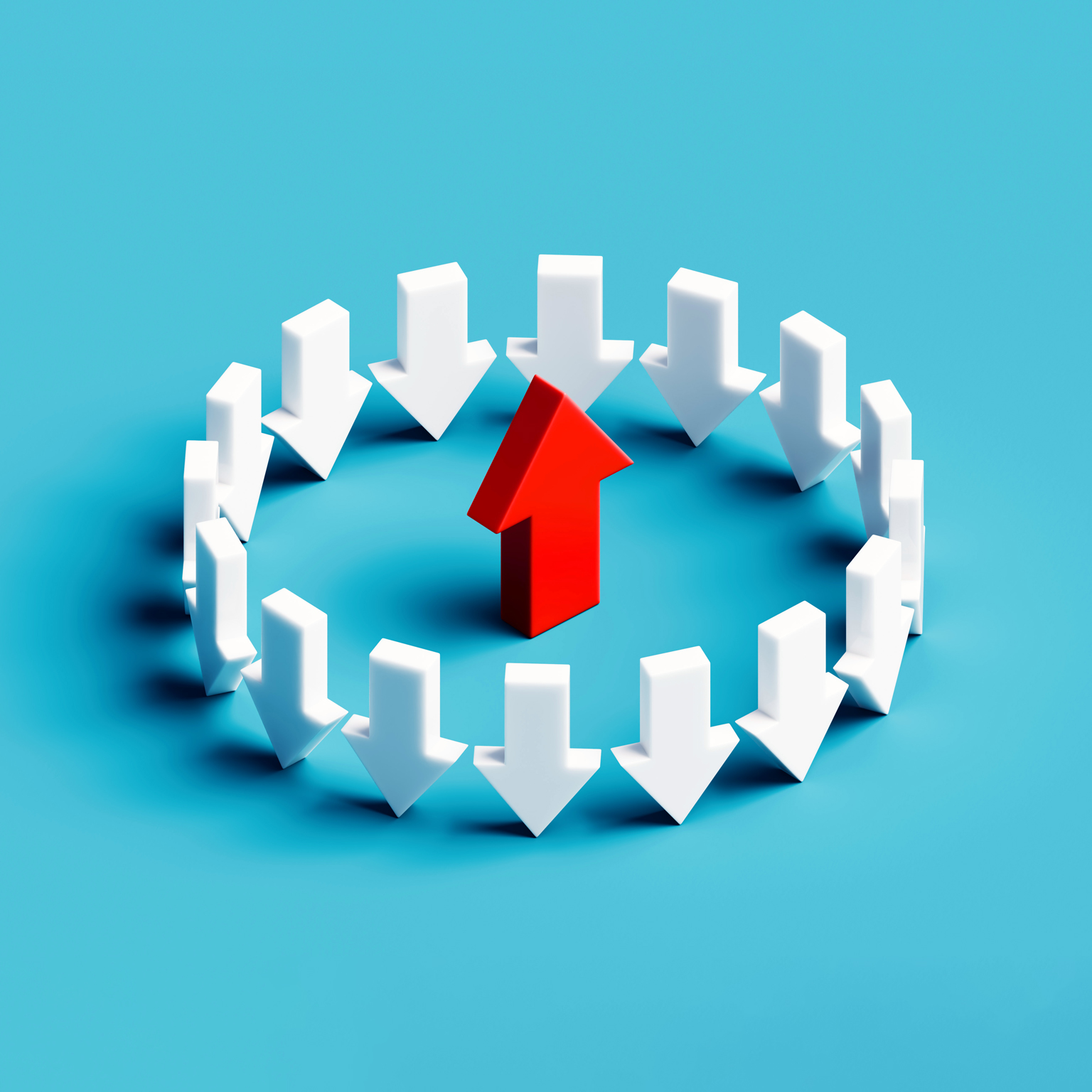 A striking conceptual illustration showing a circle of white arrows all pointing downward, contrasted by a bold red arrow in the center pointing upward. 