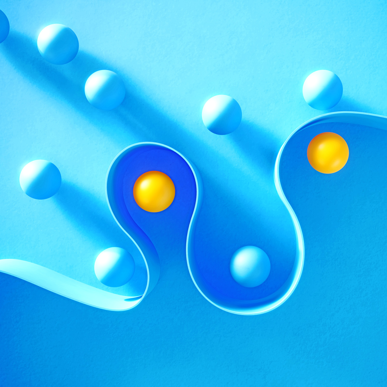 Many spheres separated by a curved wall.