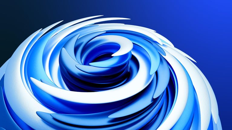 An abstract rendering of a swirling, spiraling form. It's composed of glossy shapes in shades of blue and white, creating an energetic and multi-layered effect.