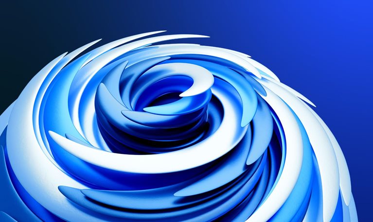 An abstract rendering of a swirling, spiraling form. It's composed of glossy shapes in shades of blue and white, creating an energetic and multi-layered effect.