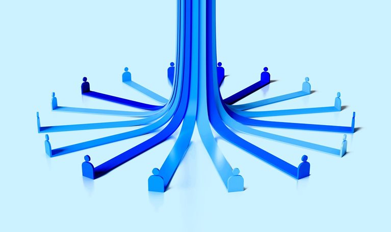 Stylized blue human icons arranged in a circle, pathways flow from the icons and converge to form central column. The image suggests connection and the distribution of information from a central hub to multiple individuals.