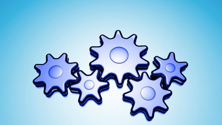 A group of stylized blue gears of different sizes interlocked against a soft blue gradient background. It conveys a sense of coordination, process, and systems working together in a clean, modern, and abstract style.