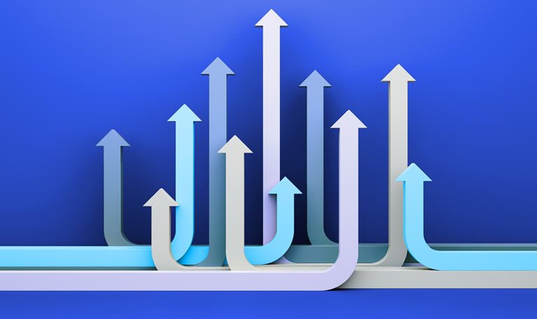 A series of stylized arrows in varying heights and shades of blue and gray, all curving upward against a solid blue background. The composition suggests growth, progress, or increasing momentum in a clean, abstract, and modern visual style.