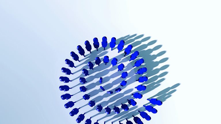 A group of small, blue, human-shaped figures arranged in a circle on a light blue background.