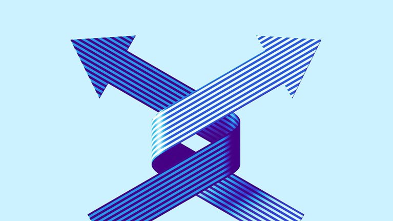 Two striped, ribbon-like arrows that intersect and loop around each other, creating a dynamic, intertwined shape. Set against a light blue background, the bold blue gradients give the design a sense of depth and movement.