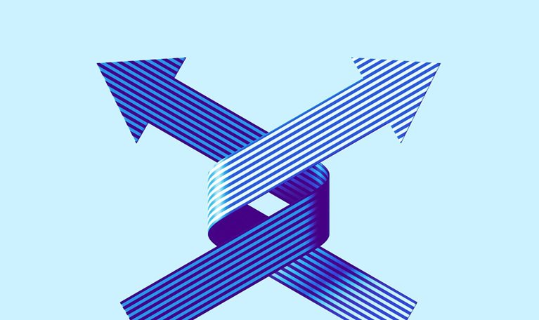 Two striped, ribbon-like arrows that intersect and loop around each other, creating a dynamic, intertwined shape. Set against a light blue background, the bold blue gradients give the design a sense of depth and movement.