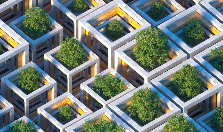 Digital generated image of futuristic sustainable cubic shapes made out of concrete and wood with growing trees inside each cube. Sustainability concept. - stock photo
