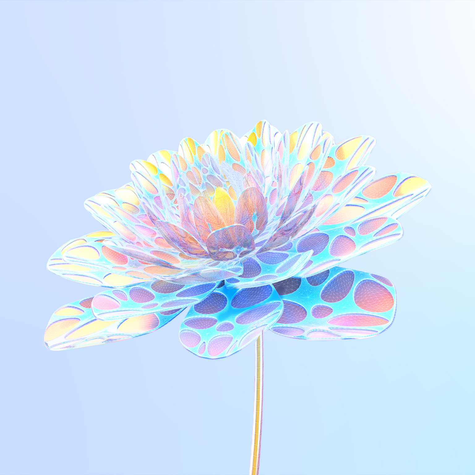Digital generated image of organic shaped multicoloured flower against blue background. Biotechnology and AI concept.