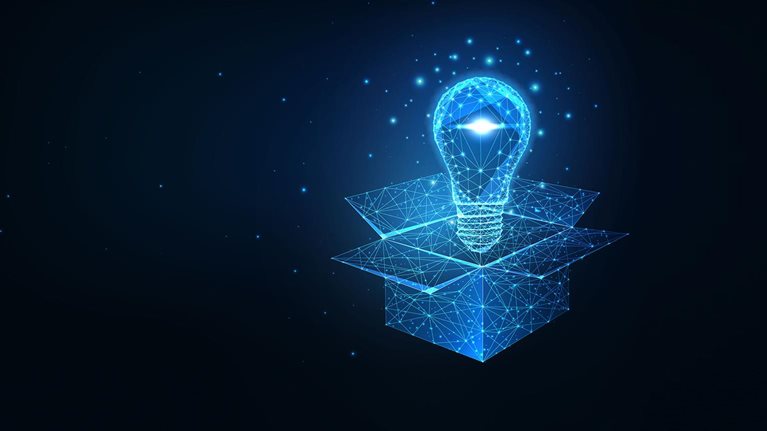 Futuristic thinking outside the box concept with glowing low polygonal light bulb over opened box - stock illustration