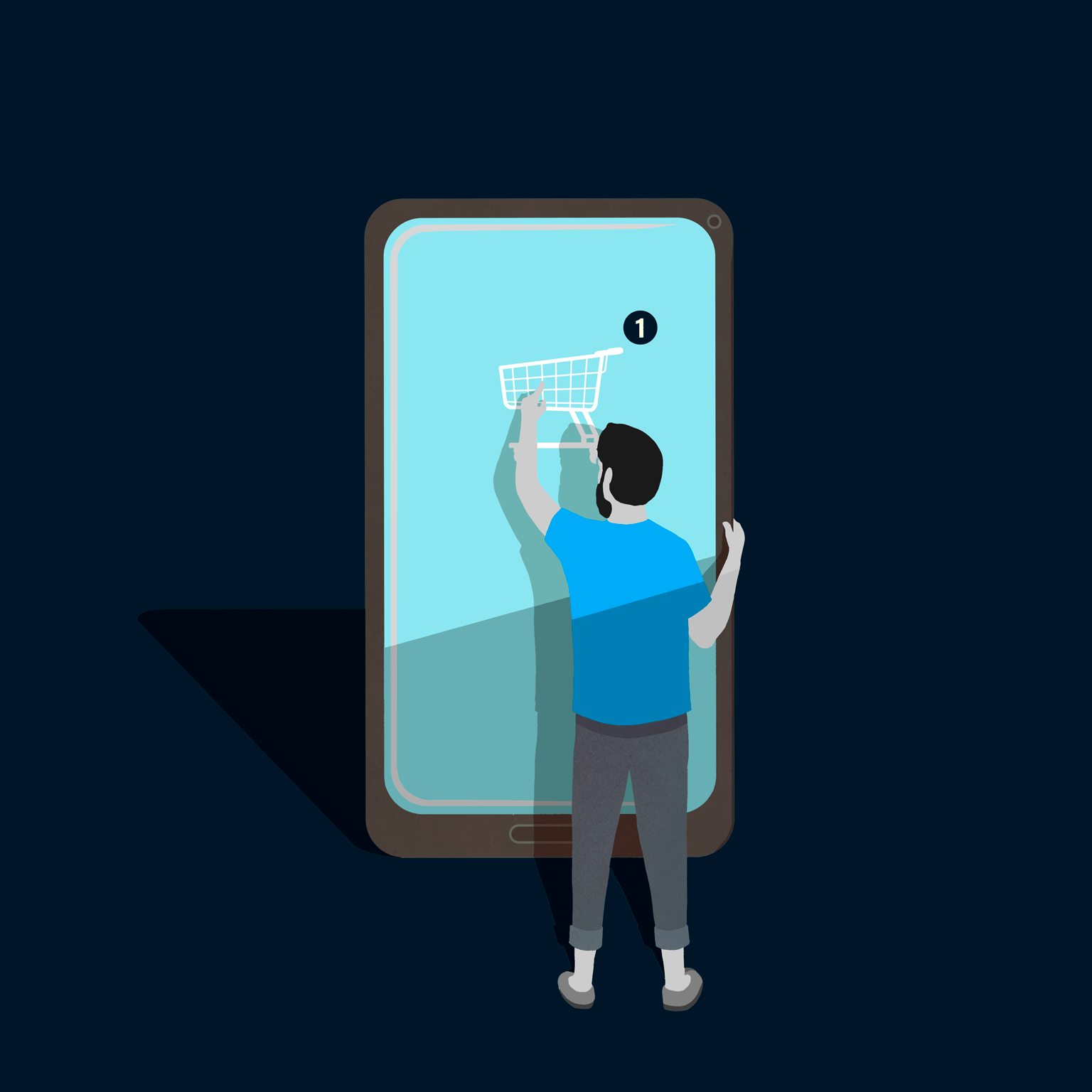 illustration man shopping on life-sized mobile device