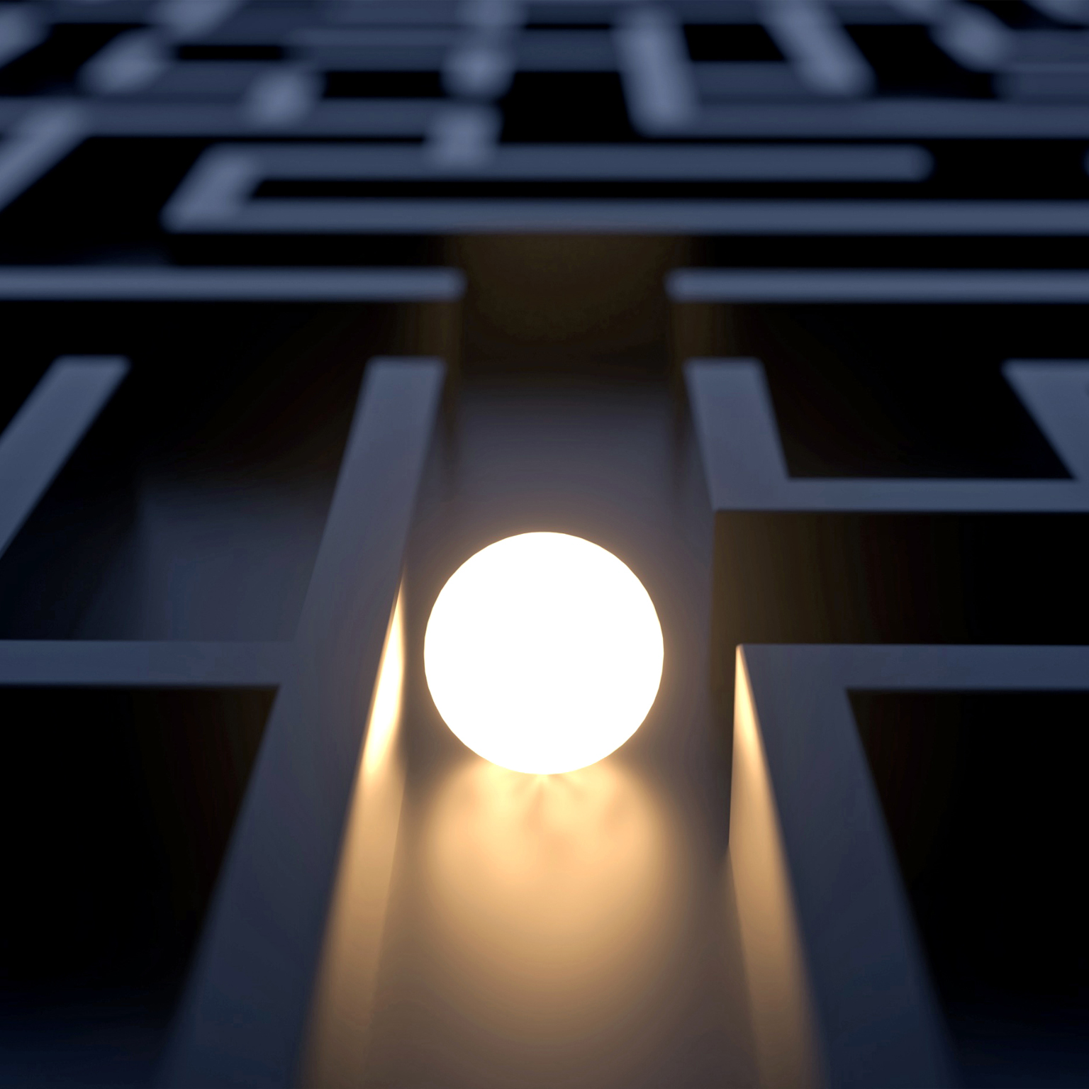 Circular white light shining in the middle of a maze