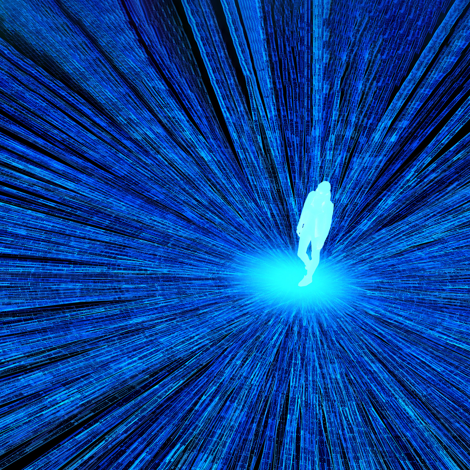 A glowing blue figure stands in the upper right corner of the image. As the figure takes a step forward, light and data radiate outward.