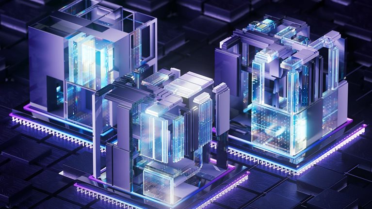 Quantum computing servers processing big data with artificial intelligence, generating futuristic and technological digital information with innovative design