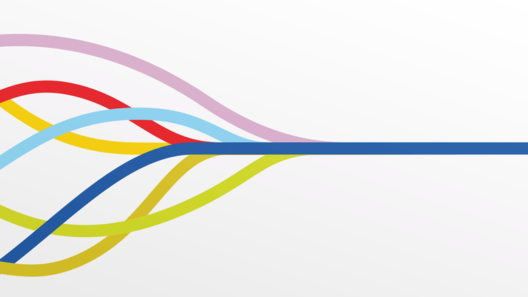 Multiple differently colored lines merging into single line ahead. - stock illustration