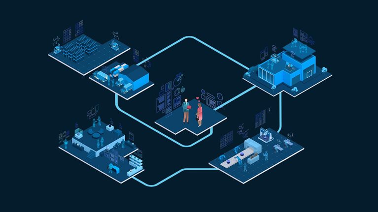 Five interconnected scenes of the enterprise metaverse, each showing people in different work environments.