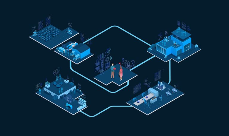 Five interconnected scenes of the enterprise metaverse, each showing people in different work environments.