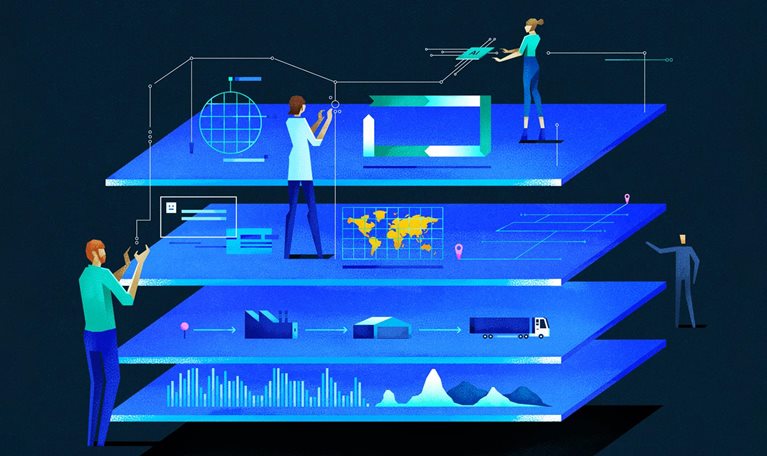 Isometric Illustration of people collaborating around a multi-layered structure representing data analysis and global supply chain management.