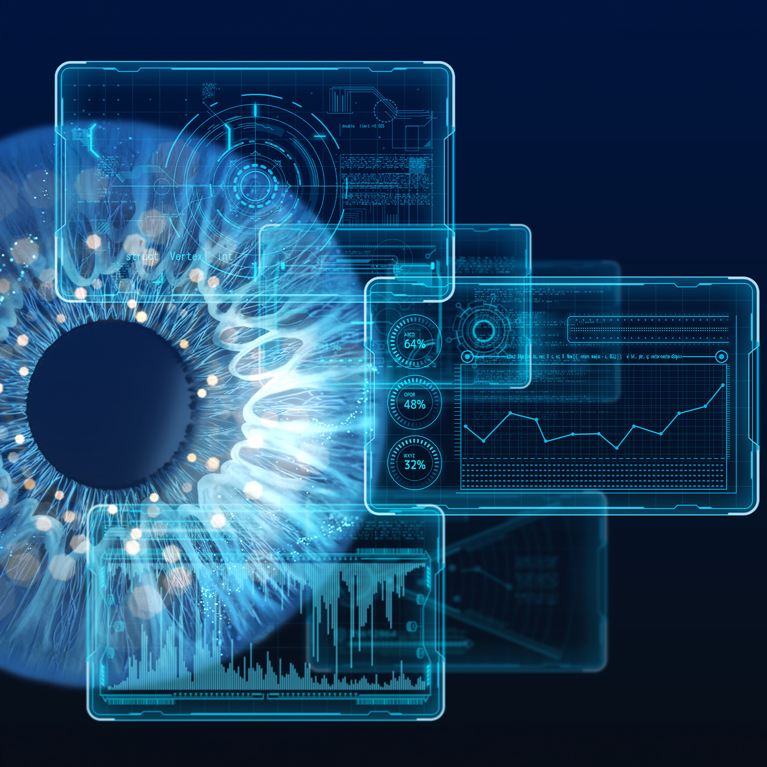Close-up eye and a futuristic data screen panel on a dark blue background.