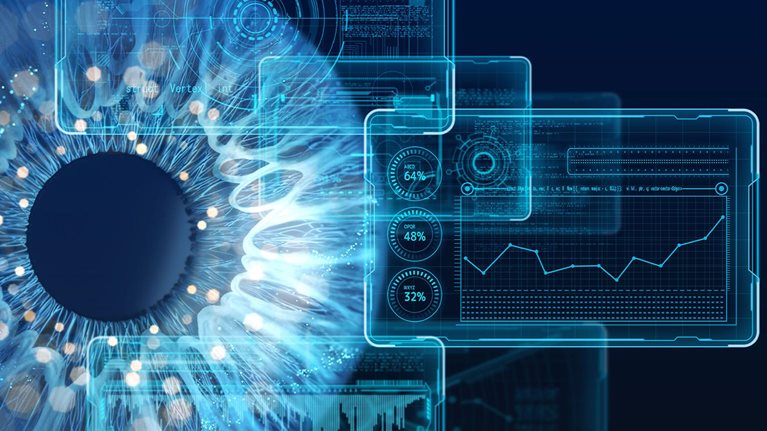 Close-up eye and a futuristic data screen panel on a dark blue background.