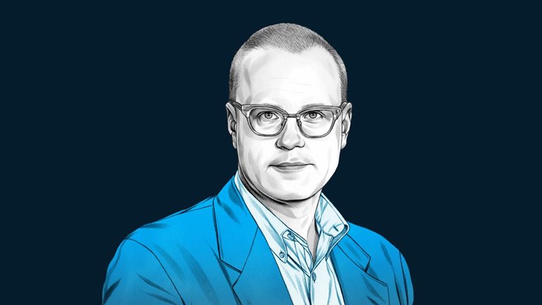 A hand-drawn illustration of Richard Ward, with neatly trimmed hair, a slight grin, and glasses, dressed in a suit jacket and collared shirt. The drawing features precise lines and subtle shading, using black and white tones for his face and blues for his attire.