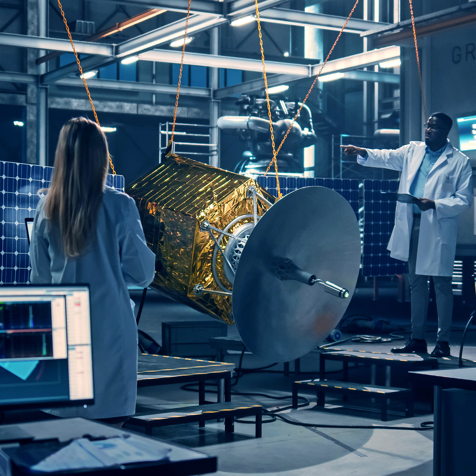 Diverse team of scientists using technological equipment and laptop computer to develop spacecraft for space exploration. - stock photo