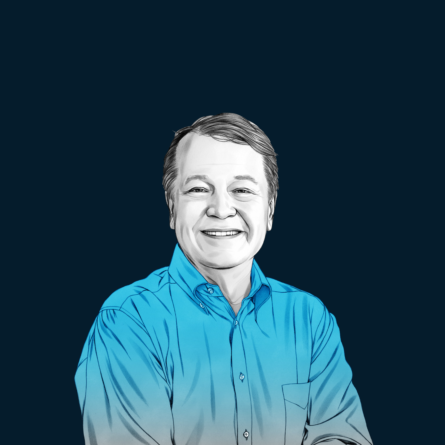A hand-drawn illustration of John Chambers. The drawing features precise lines and subtle shading, using black and white tones for face and blues for attire.
