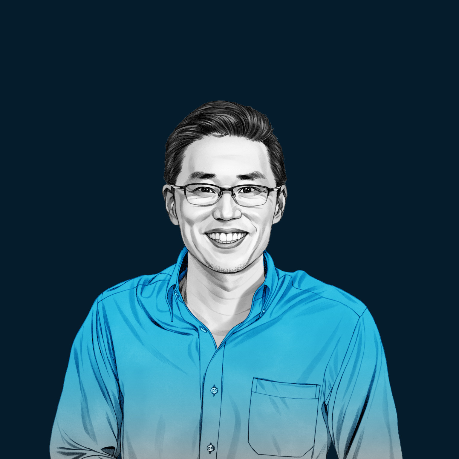 A hand-drawn illustration of Rodrigo Liang. The drawing features precise lines and subtle shading, using black and white tones for face and blues for attire.